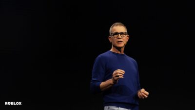 Roblox CEO and Founder David Baszucki speaking at the Roblox Developers Conference black background